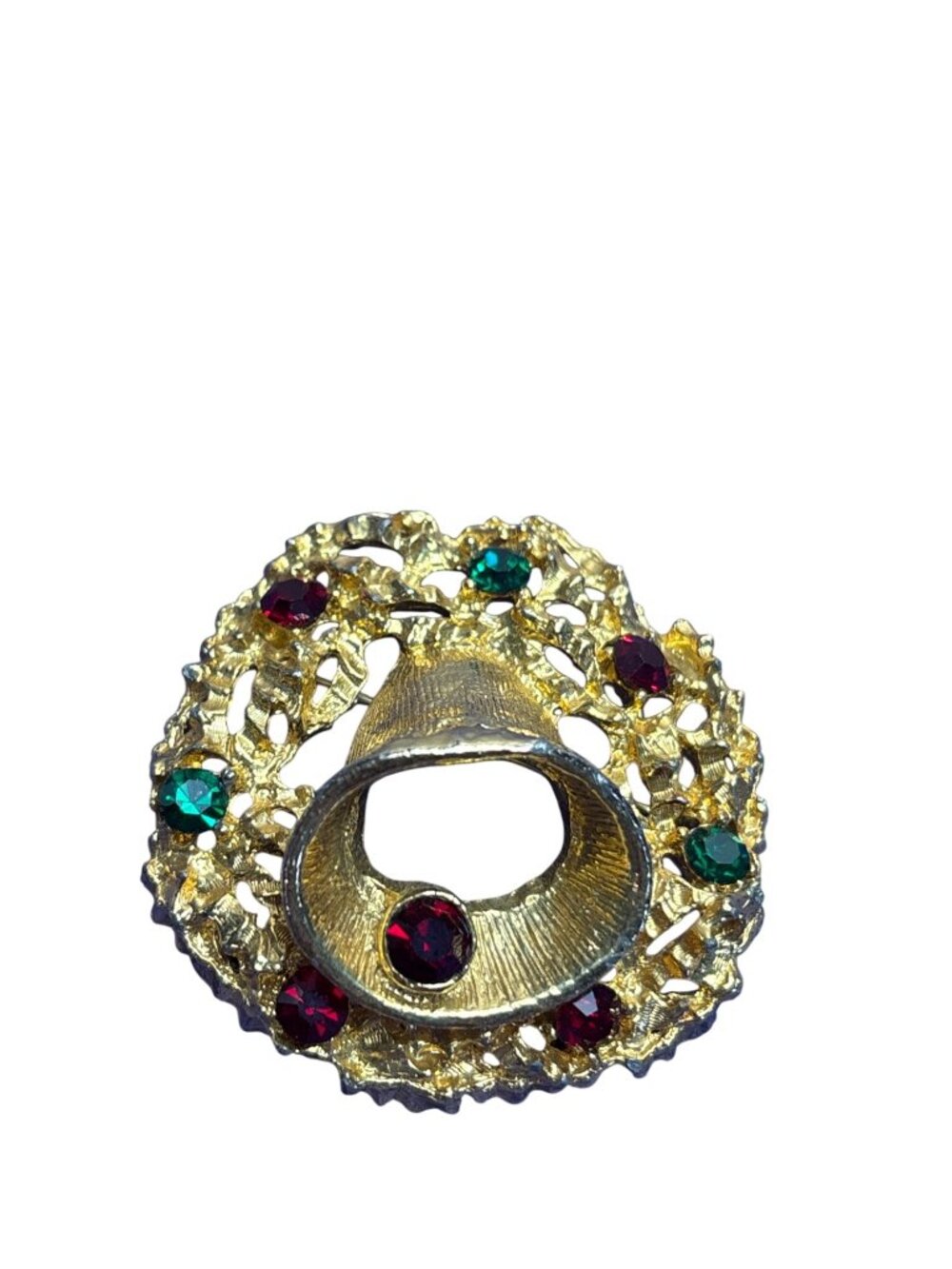 Wreath Bell Brooch Goldtone Red Green Rhinestones 1.75 inch